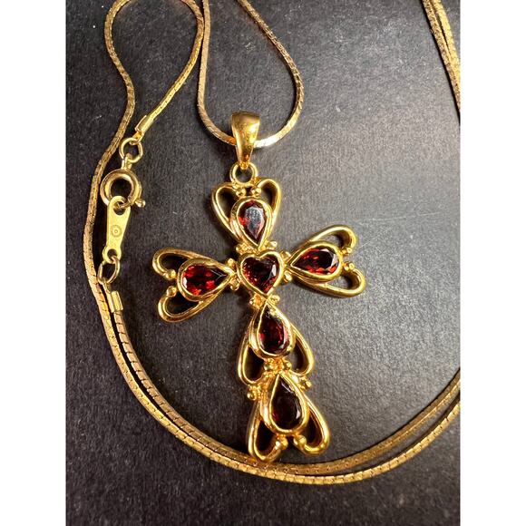 Vintage SETA Garnet Cross Pendant Necklace Gold Tone 24” - Picture 7 of 13